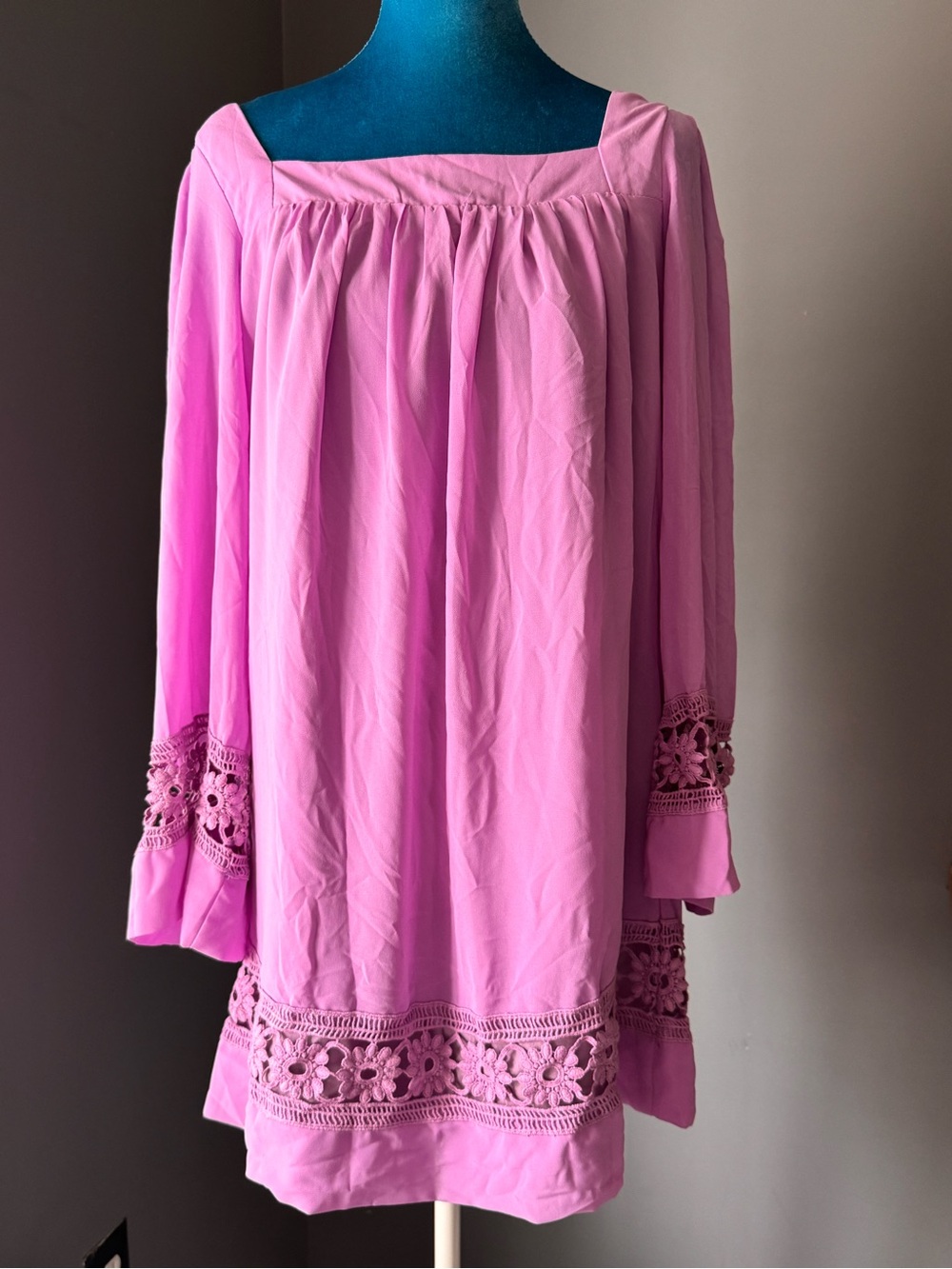 Sabo Skirt Pink Long-Sleeve Peasant Dress with Crochet Trim